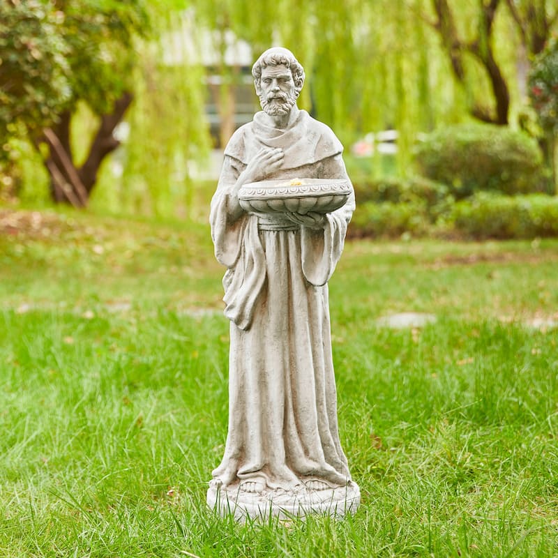Glitzhome Vintage MgO Saint Francis Garden Statue Sculpture with Birdfeeder Feeding Animals