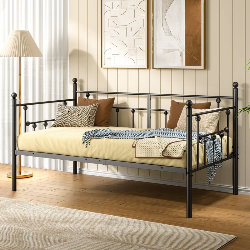 VECELO Roman Column Daybed 79" Iron Frame Space Saving Daybed Set with Rolling Trundle for Guest Teen Room Black or White - Daybed - Black