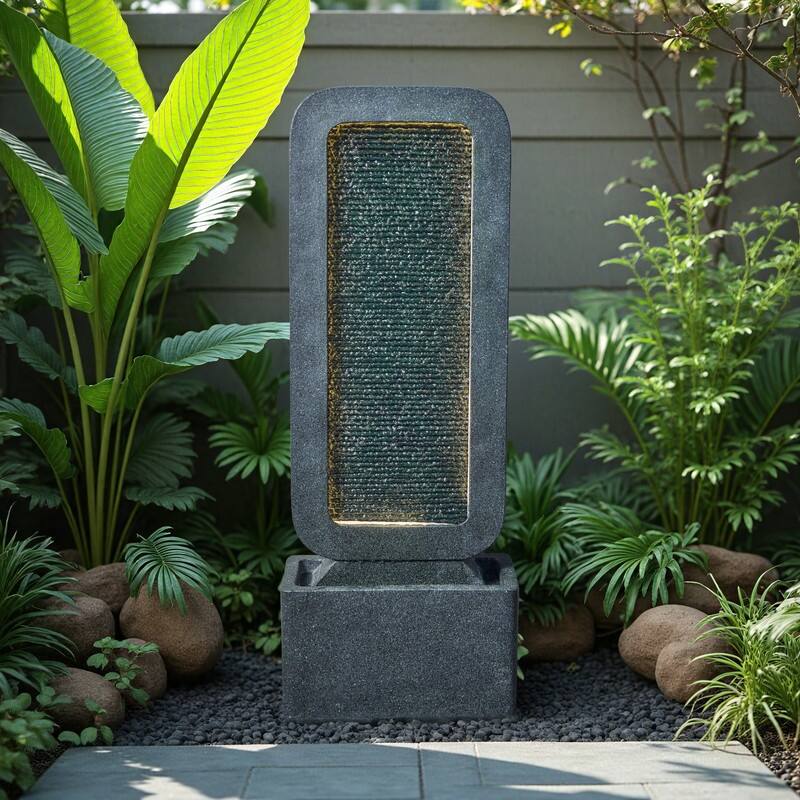 Gray Polyresin Modern Style Cascade with LED Light Weather Resistant Waterfall Fountain