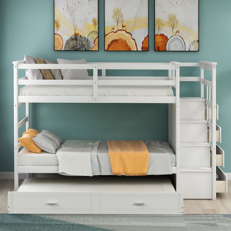 Twin Over Twin Bunk Bed with Trundle and Staircase - White