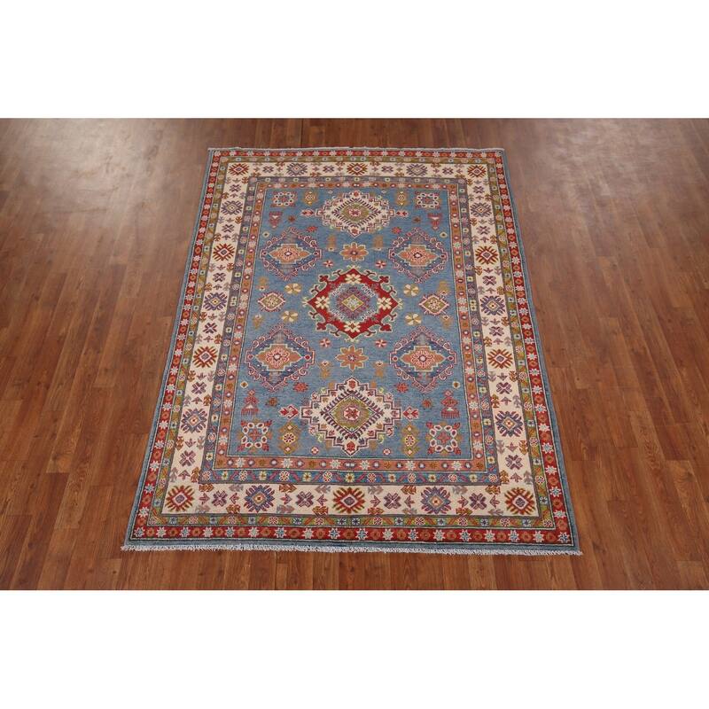 Kazak Blue Area Rug Hand-Knotted Wool Carpet - 4'11" x 6'11"
