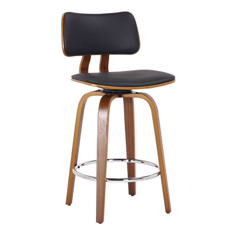 Mid-Century Faux Leather and Wood 26" Counter Stool with Swivel, Set of 3 - White and Walnut - Black