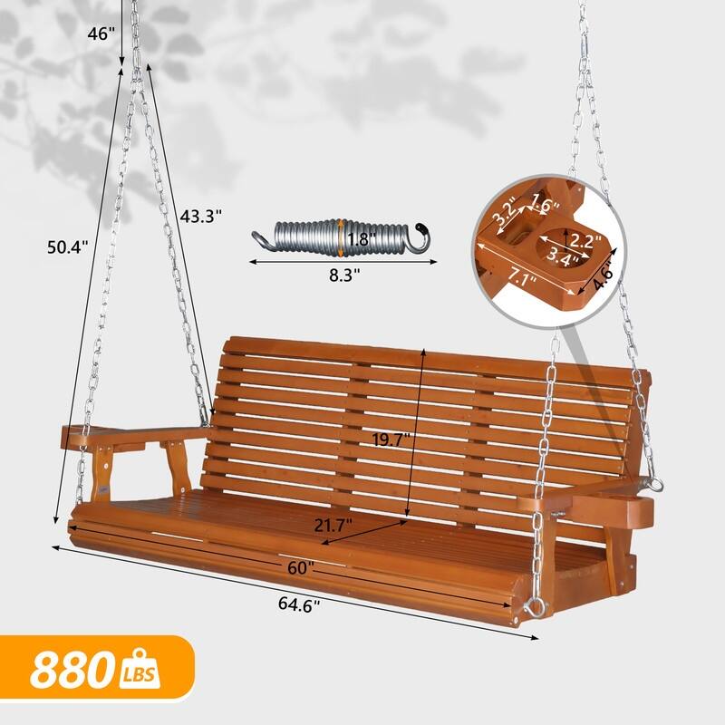 Brown Wood Porch Swing with Cup Holders and Phone Slot - N/A