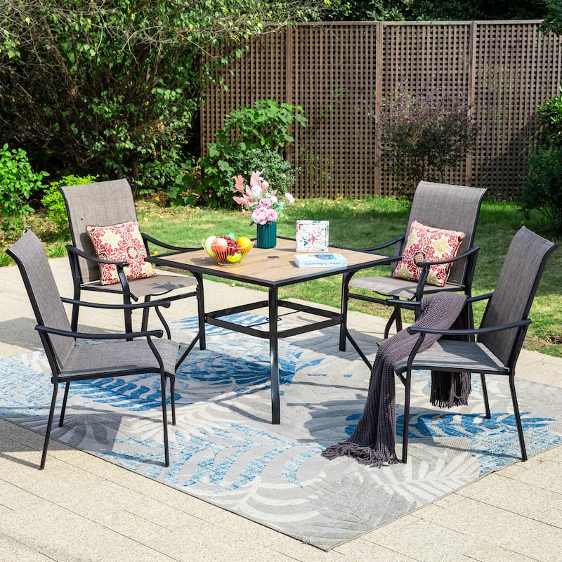 MAISON ARTS 5-Piece Patio Dining Set, 37 Inch Square Metal Table and 4 Textilene Fabric Padded Armchairs