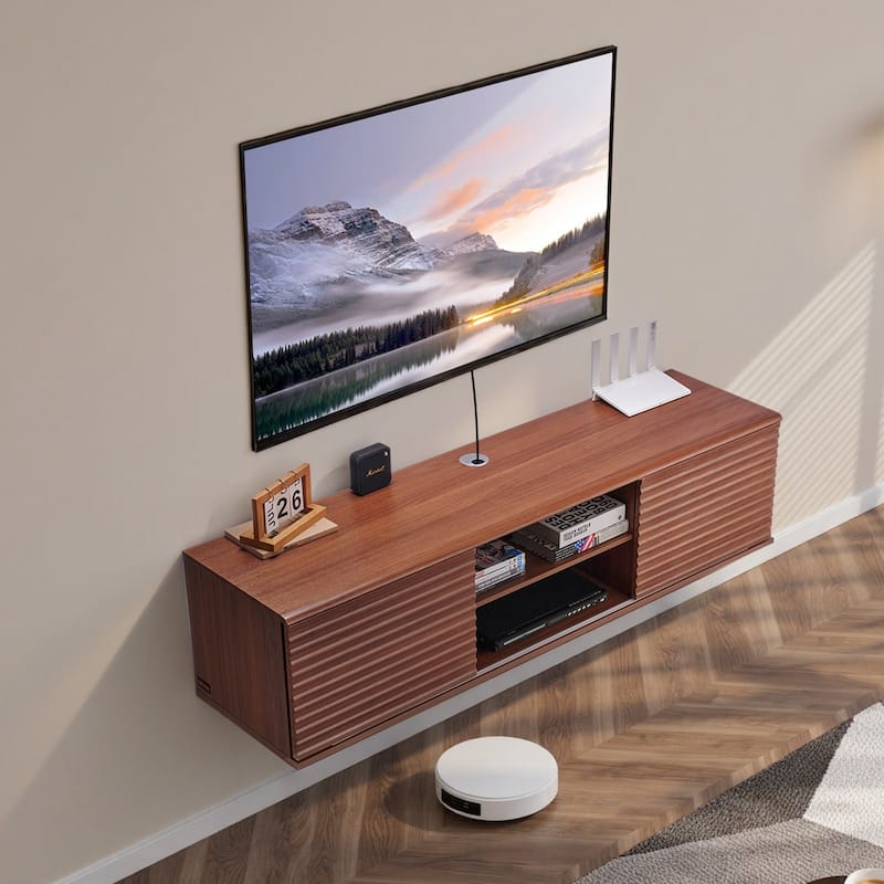 Walnut Particleboard Floating TV Stand with Cable Management, Sliding Doors and 115 lbs Capacity - 60” L x 15.5” W x 14.5” H