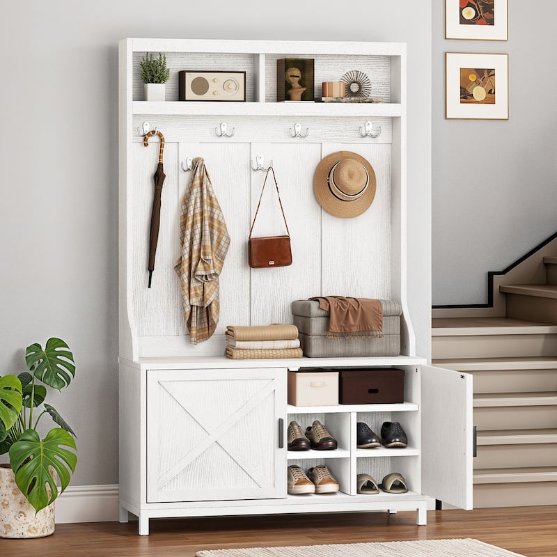Moasis Farmhouse 39"W Hall Tree with Shoe Storage Seating Bench