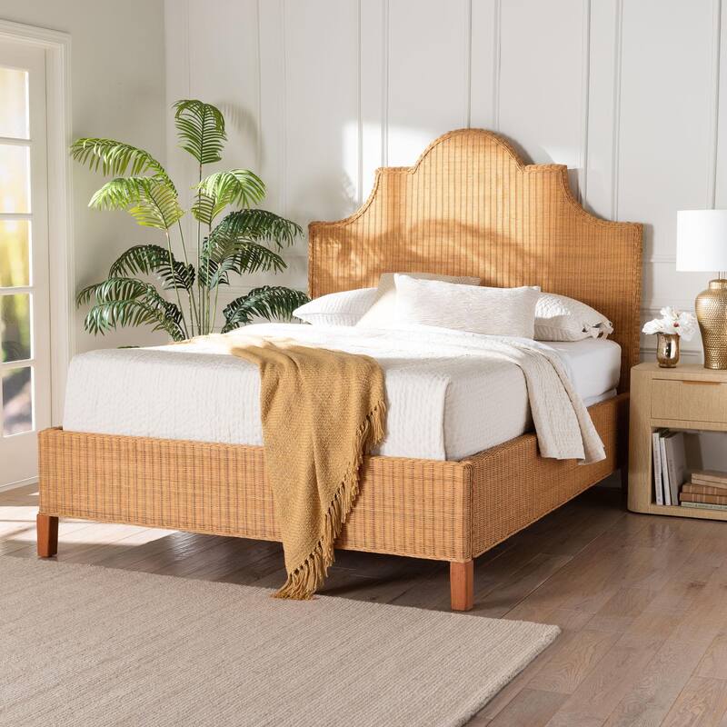 Melanie Natural Rattan Bed - Coastal Boho Bed Frame with Scalloped Headboard