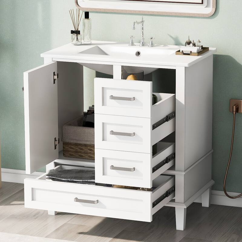 30" Bathroom Vanity with Ceramic Sink Combo Set, Bathroom Vanity Cabinet with 1 Soft Close Door and 3 Storage Drawers - White