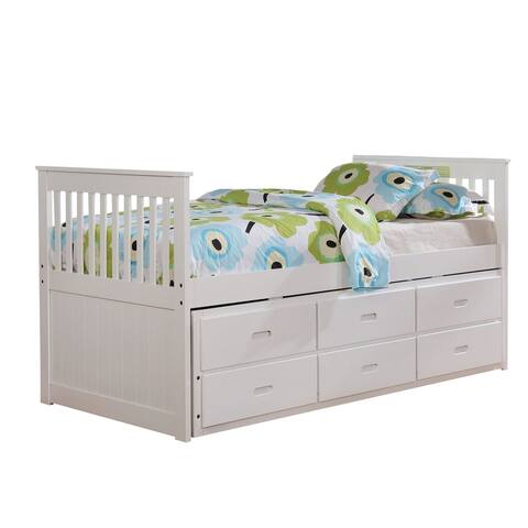 Mission Style Wooden Twin Captain Bed with Trundle and 3 Drawers, White