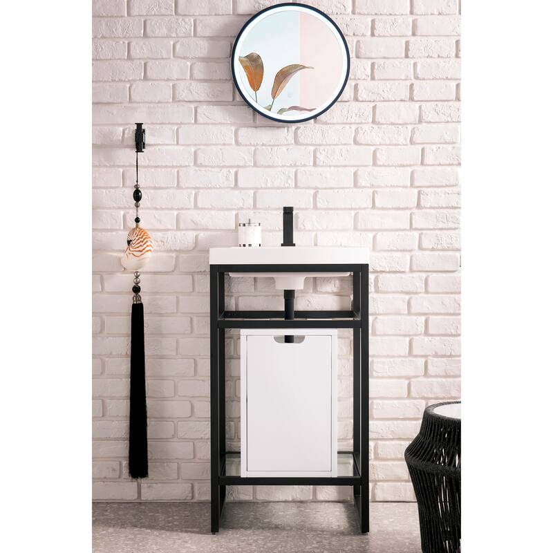 James Martin Vanities Boston 20" Stainless Steel Sink Console, Matte Black w/ White Glossy Composite Stone Top