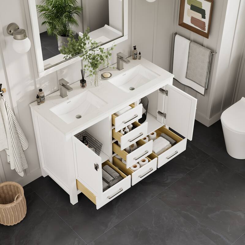 Eviva London 54"W x 18"D White Double Sink Bathroom Vanity with White Carrara Quartz Vanity Top