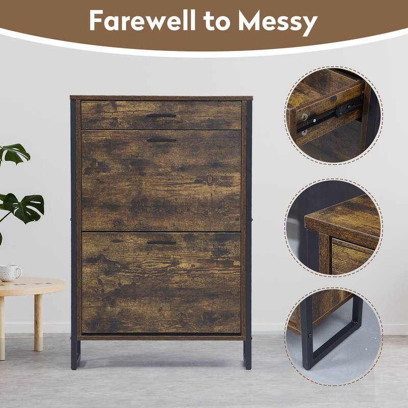 Narrow Wall-Mounted Shoe Cabinet, 2 Flip Drawers & 1 Drawer, Rustic Brown Shoe Rack Organizer for Small Spaces