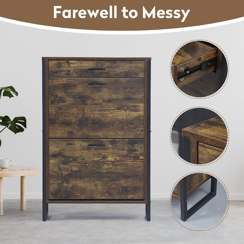 Slim Shoe Cabinet with 2 Flip Drawers &1 Drawer, Narrow Wall Hidden Shoe Cabinet