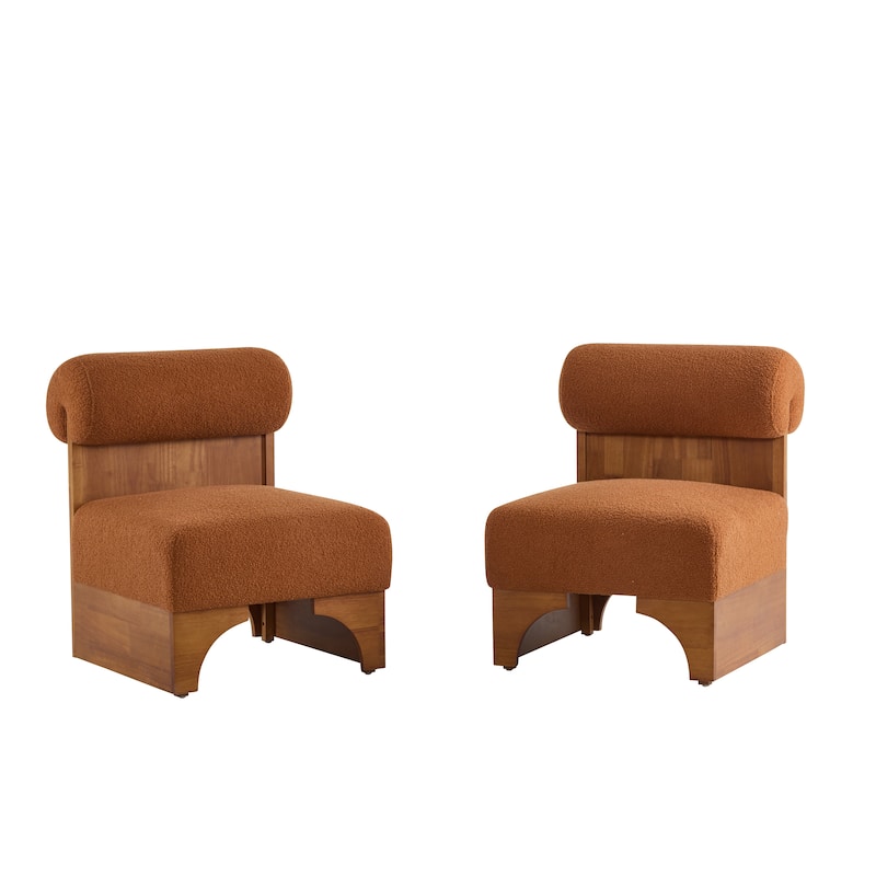 [Set of 2] Modern Boucle Lounge Chair with Solid Wood Frame and Rolled Backrest, Soft and Durable Boucle Upholstery - Natural+Orange