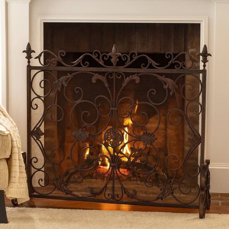 Fireplace Screen, Scrollwork Design, Iron, 45x35 Black, Gold Finish