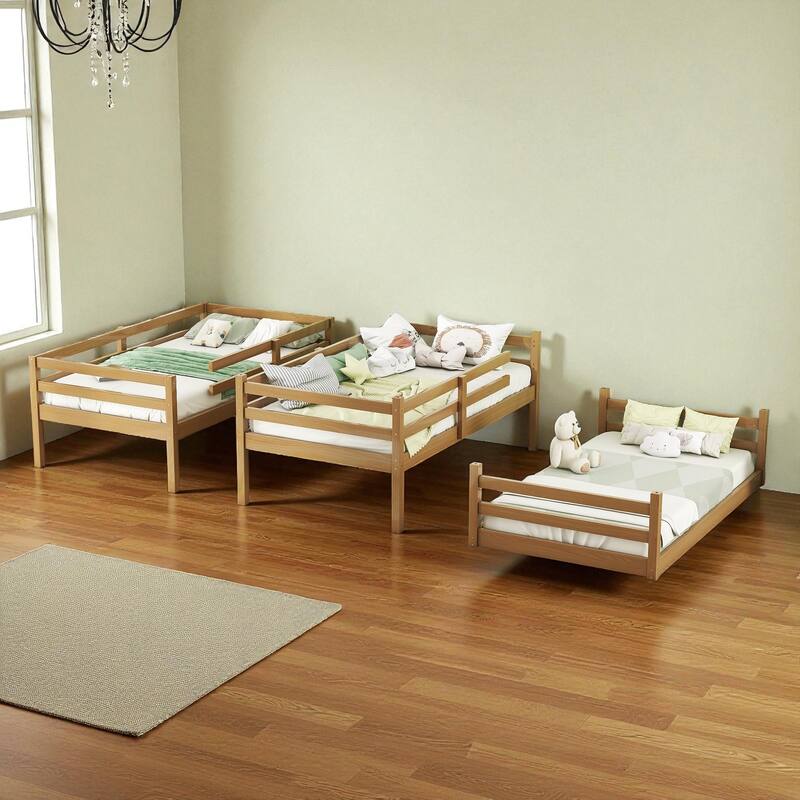 Twin Over Twin Over Twin Rubber Wood Triple Bunk Bed with Guardrails and Two Built-in Ladders, Detachable 3-Tier Bed Frame
