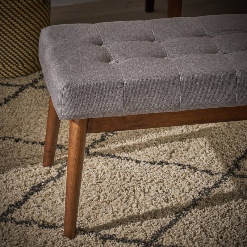 Roomfitters Tufted Upholstered Entryway Bench with Tapered Wooden Legs, Mid-Century Accent Seating, Grey