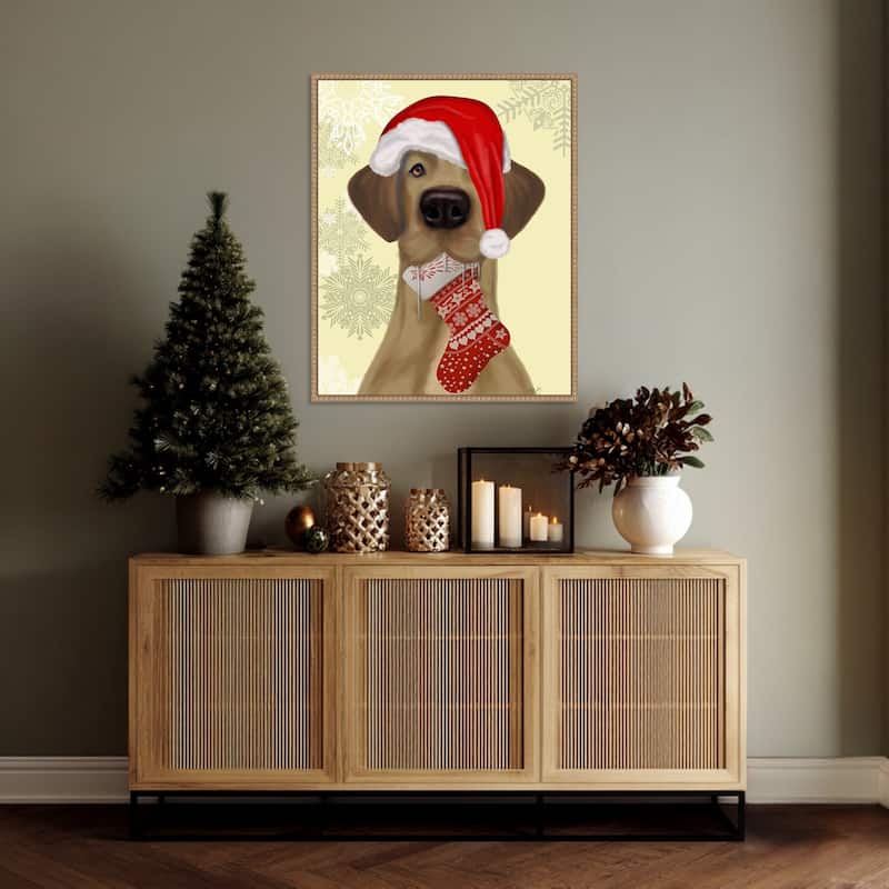 Christmas Drooly Christmas Dane by Fab Funky (23 x 28 in.), Framed Canvas Wall Art Print - Sylvie Beaded Rustic Natural