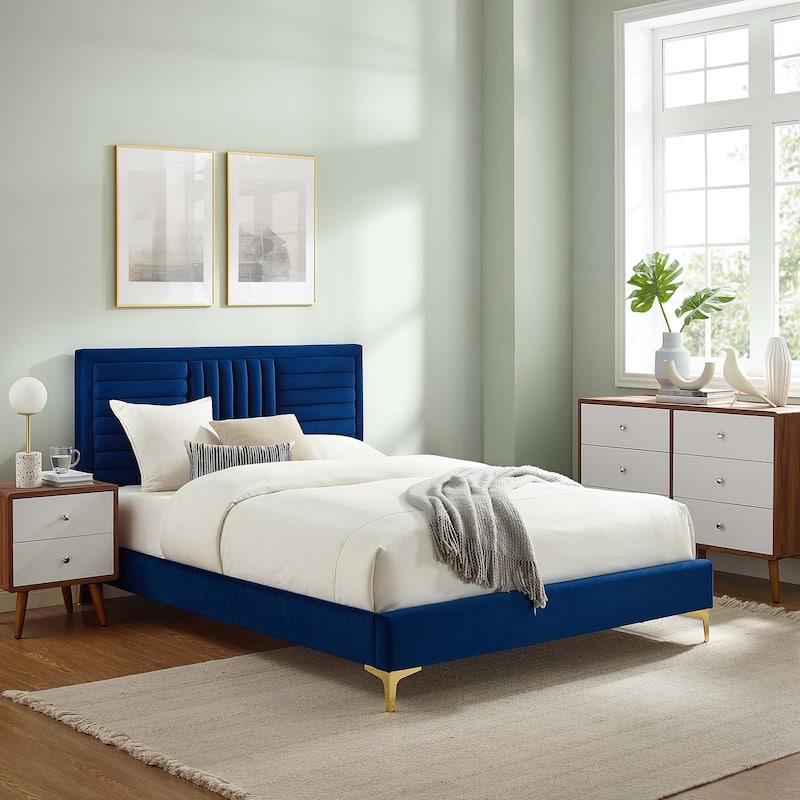 Sofia Channel Tufted Performance Velvet Full Platform Bed - Navy