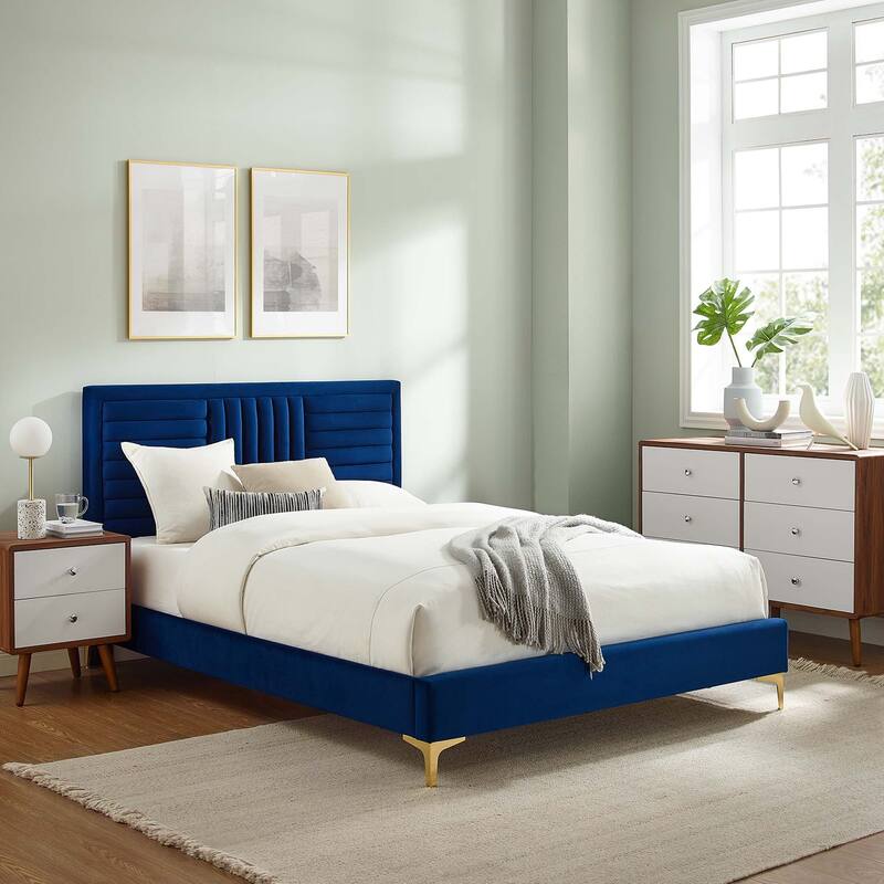 Sofia Channel Tufted Performance Velvet Twin Platform Bed - Navy
