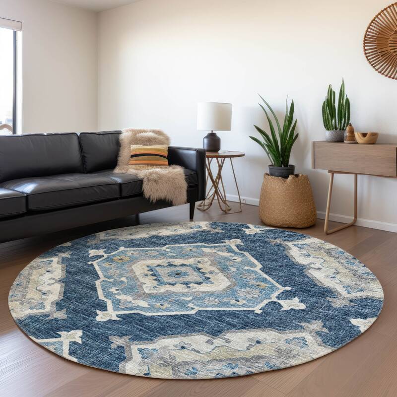 Premium Washable Super Soft Boho Heriz Mayfield Rug - Blue - 8' x 8' - Round
