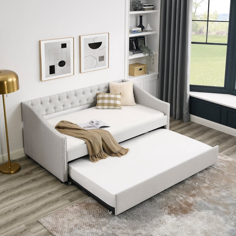 Twin Size Daybed with Trundle Upholstered Tufted Sofa Bed - Beige