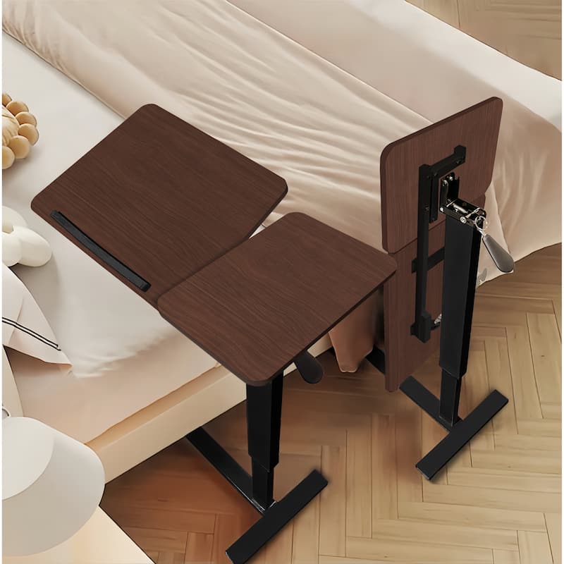 Folding Overbed Bedside Desk Mobile Rolling Laptop Stand Tilting Overbed Table With Wheels Height Adjustable Tray Table - Walnut+black