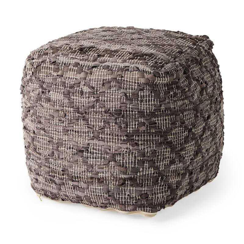 Mercana "Falguni" Grey Patterned Leather & Cotton Square Pouf - Grey