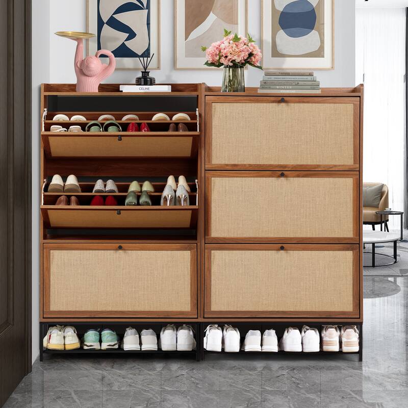 Wooden Shoe Storage Cabinet with triple-tier flip-up drawer
