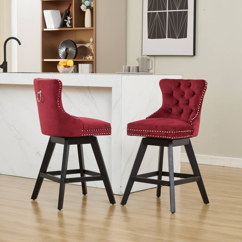 Velvet Swivel Bar Stools Set of 2, Button Tufted Rivet Trim Dining Room Chairs, Kitchen Stools with Wooden Legs