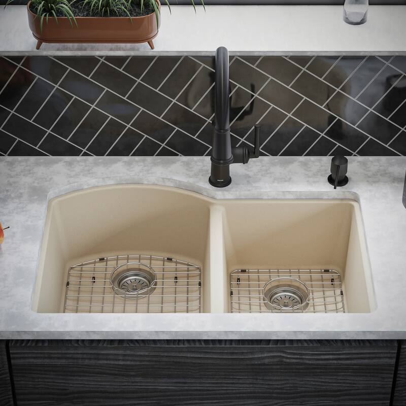 Karran Undermount Quartz 32 in. 60/40 Double Bowl Kitchen Sink Kit