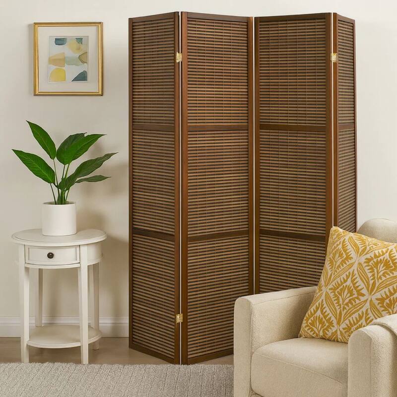 Rown 4 Panel Foldable Privacy Screen, Bamboo, Brown Pine Wood 70 Inch