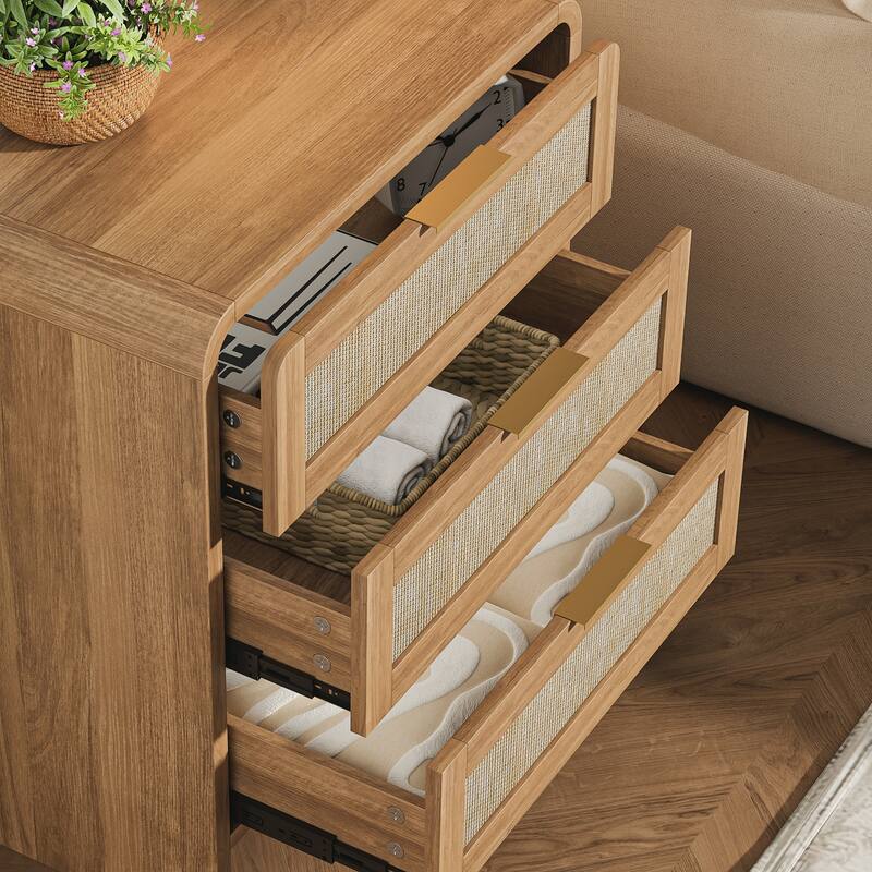 Rattan Nightstand with 3 Drawers, 22.8" Wide Curved Wooden Bedside Table, Modern Storage for Bedroom