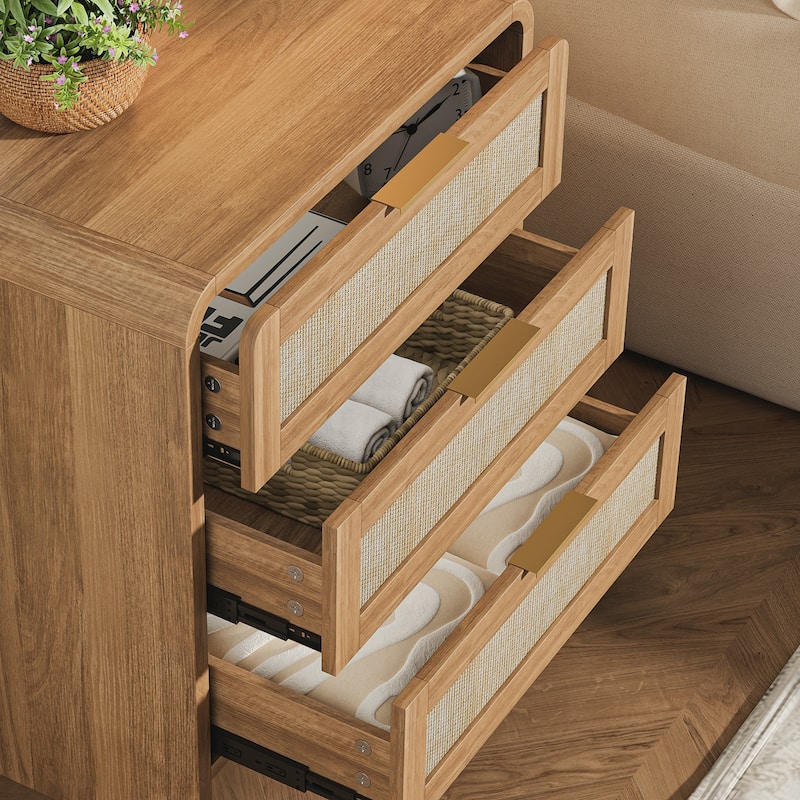 Rattan Nightstand with 3 Drawers Set of 2, 22.8" Wide Curved Wooden Bedside Table, Modern Storage for Bedroom