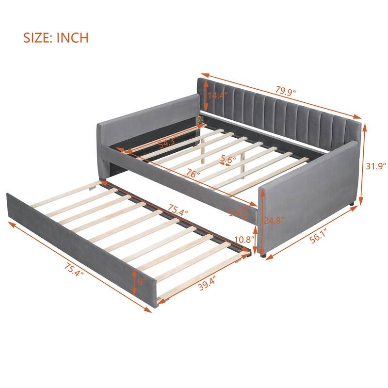 Full Size Daybed with Trundle,Upholstered Day Bed Frame Velvet Sofa Beds with Vertical Channel Tufted