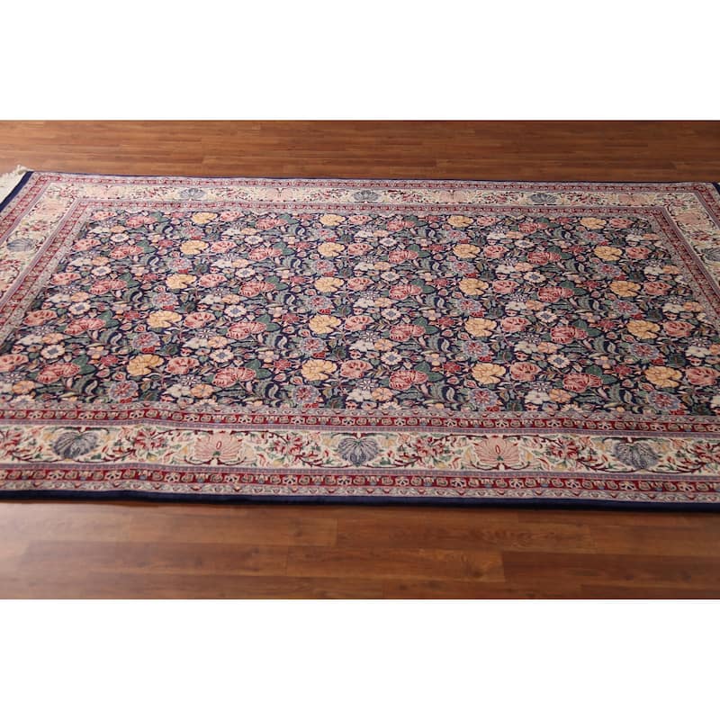 Blue Floral Aubusson Vegetable Dye Area Rug Hand-Knotted Wool Carpet - 6'0"x 9'0"