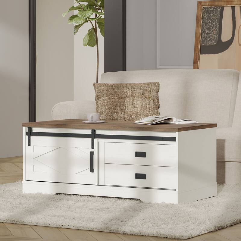 WAMPAT Rectangular Coffee Table with Sliding Barn Door - White