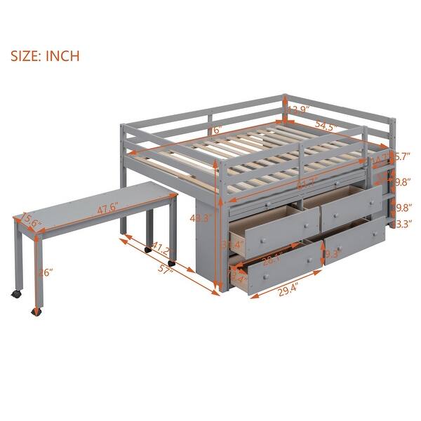 dimension image slide 0 of 4, Twin/Full Size Low Loft Bed with Retractable Writing Desk and 4 Drawers, Wooden Loft Bed Frame w/ Lateral Portable Desk & Ladder