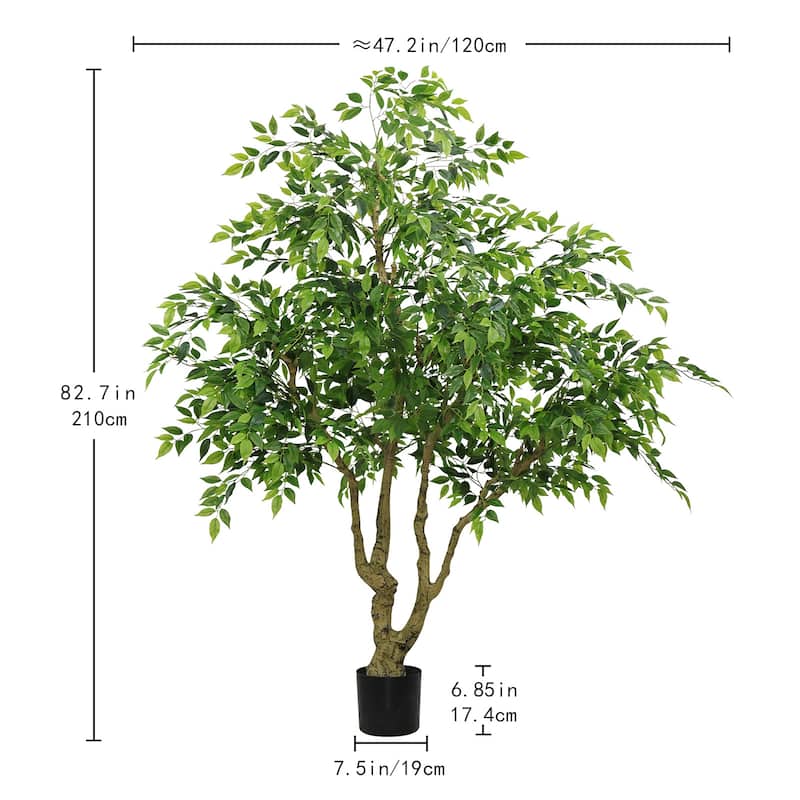 7ft Tall Artificial Banyan Tree With Natural Trunk And Realistic Silk Leaves, Large Imitation Potted Green Plant, 1pc/Set