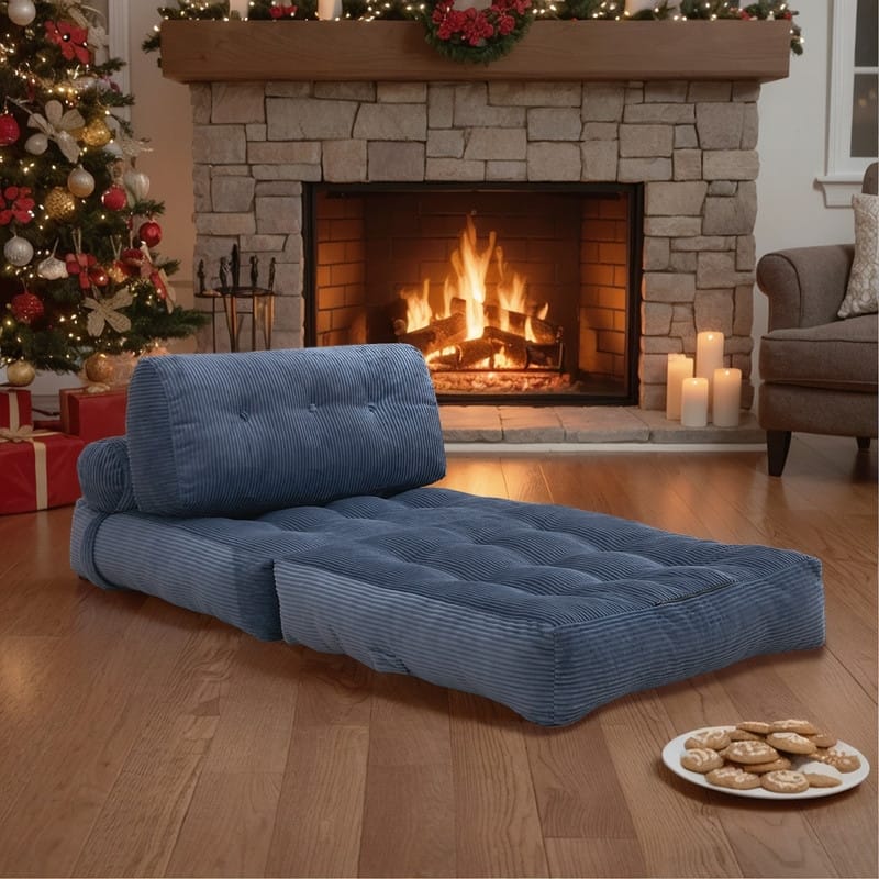Mixoy W32''/W50'' Corded Velvet Fabric Folding Floor Lazy Futon Sofa Bed - L73''*W32''*H7.7'' - Dark Blue