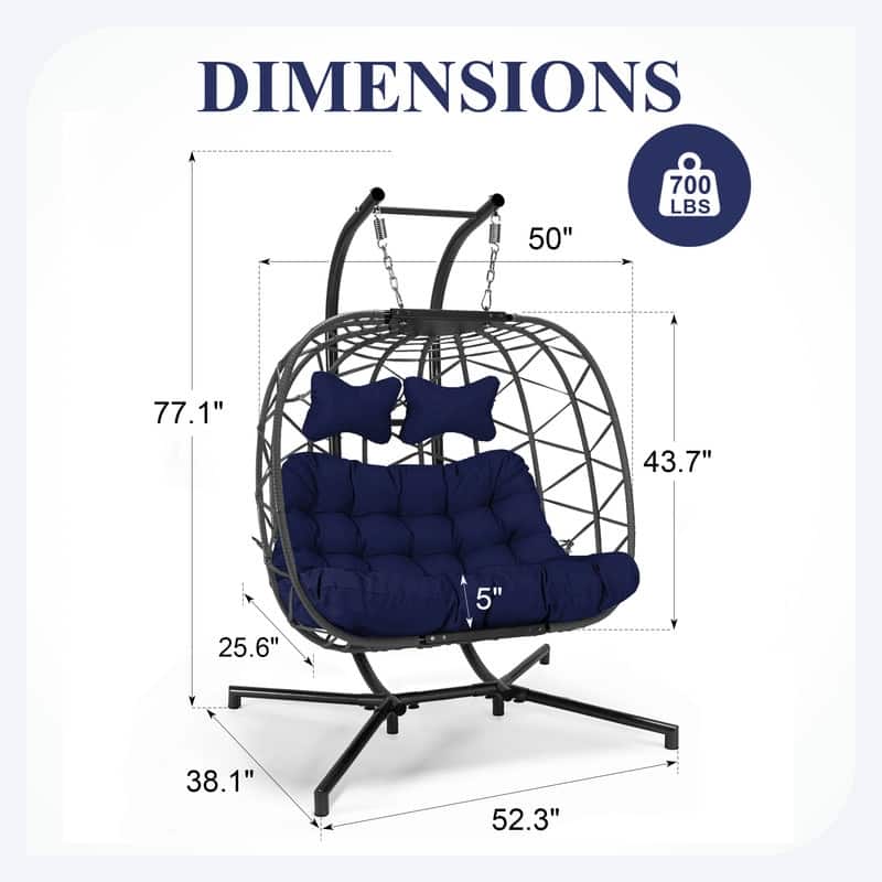 Oversized Outdoor Double Hanging Egg Chair with Cushions, 700 lbs Capacity Swing Chair for Indoor or Patio