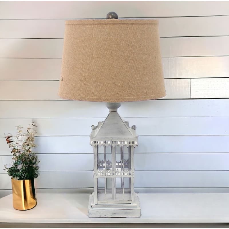 Rustic Grey Metal Table Lamp with Round Brown Linen Shade - 12” x 15” x 25.75”