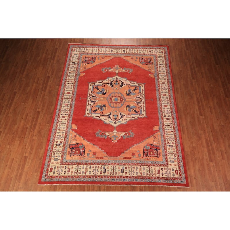 Geometric Heriz Serapi Vegetable Dye Area Rug Hand-Knotted Wool Carpet - 8'11" x 11'11"