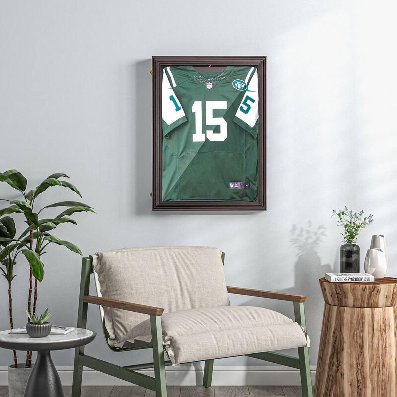 HOMCOM 24" x 32" Jersey Frame Display Case, UV-Resistant Jersey Shadow Box with 2 Keys, Hanger, Cherry Brown