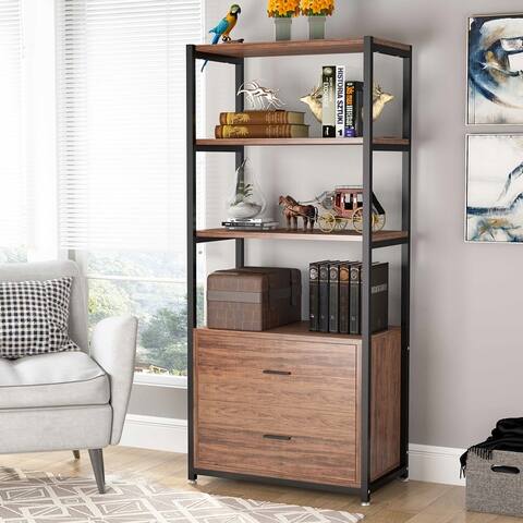Industrial Bookshelf with Drawers and Matte Steel Frame, 5-Tier Bookcase, Display Decorative Shelf