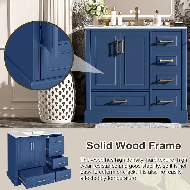36" Traditional Bathroom Vanity with Ceramics Sink and 4 Drawers