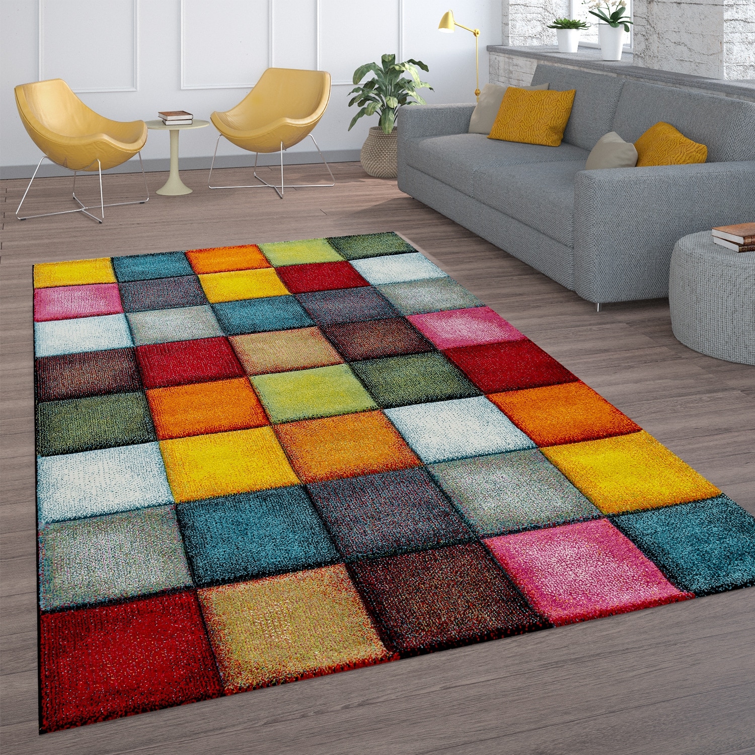 Colorful Living Room Rug with geometric Squares, Multi-Colored