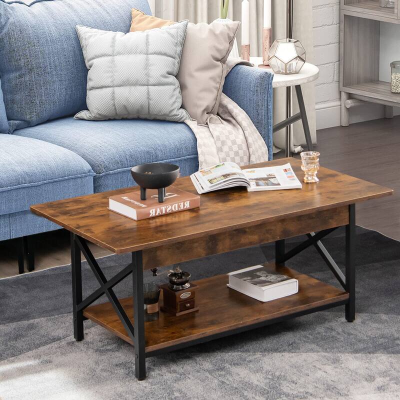 Gymax Coffee Table Industrial 2-Tier w/ Storage Shelf &Storage Shelf