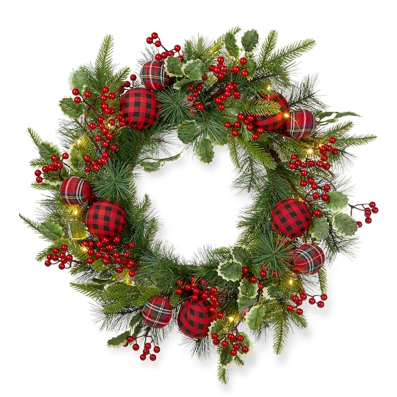 Glitzhome 24"D Snow Berry Twig Ball Pinecone Holly Pine Wreath with Lights & Timer