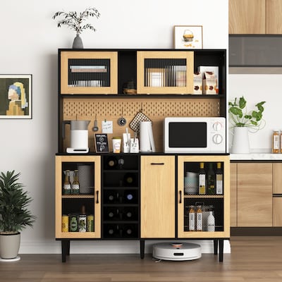 Multi-Functional Pantry Storage Sideboard Buffet Cabinet with Wine Rack, Storage Doors, and Power Outlet for Living Dining Room